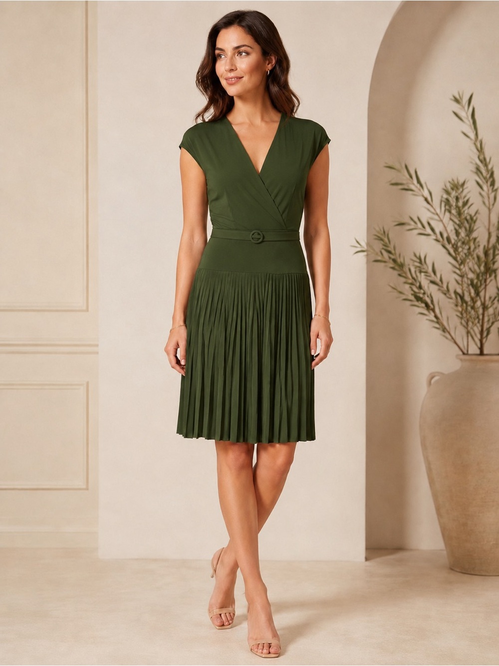 Max and Cleo Moss Green Pleated Dress Small